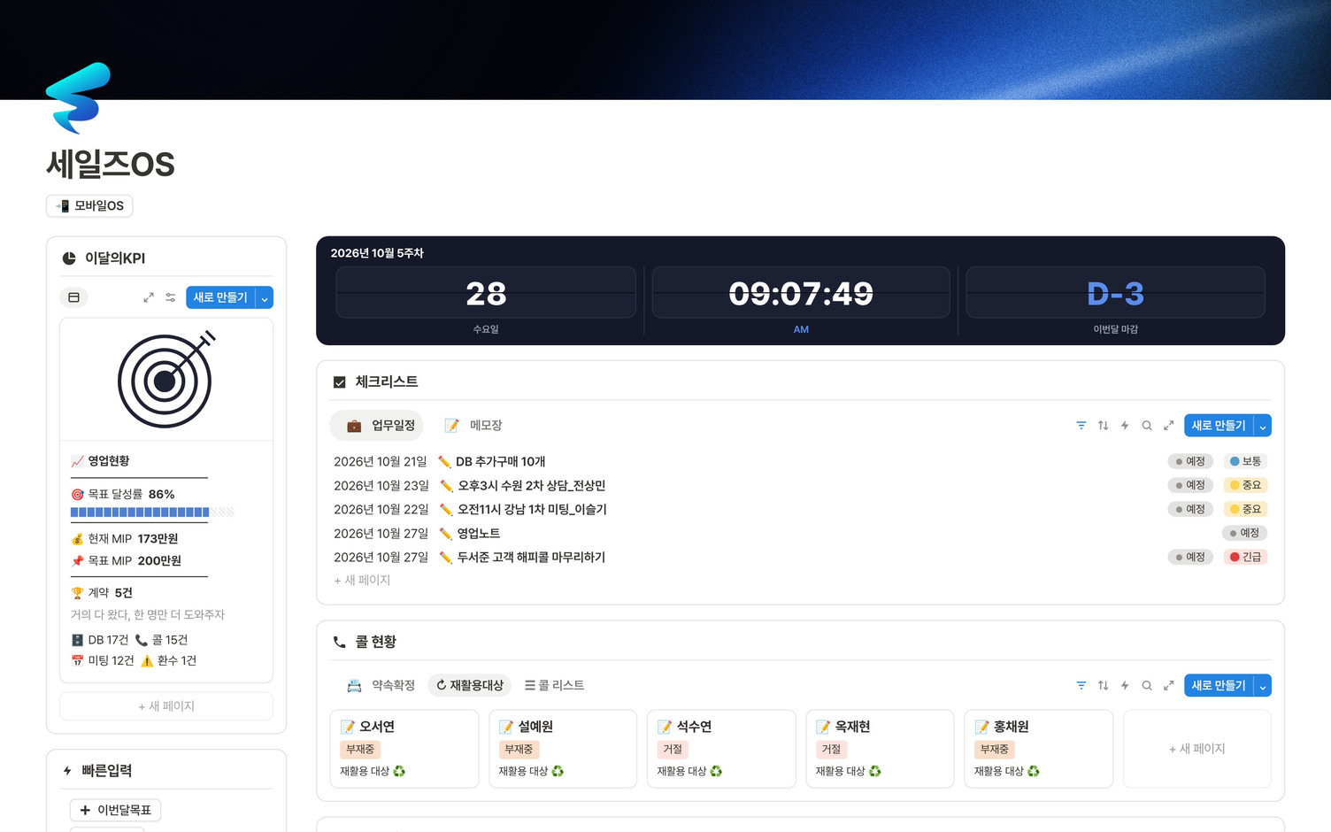 노트북에서 본 세일즈OS 대시보드 실제 화면 (예시 데이터)