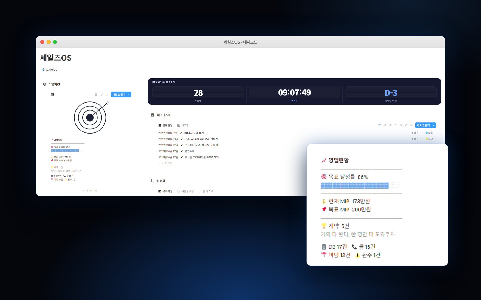 대시보드 페이지 실제 화면 (예시 데이터)